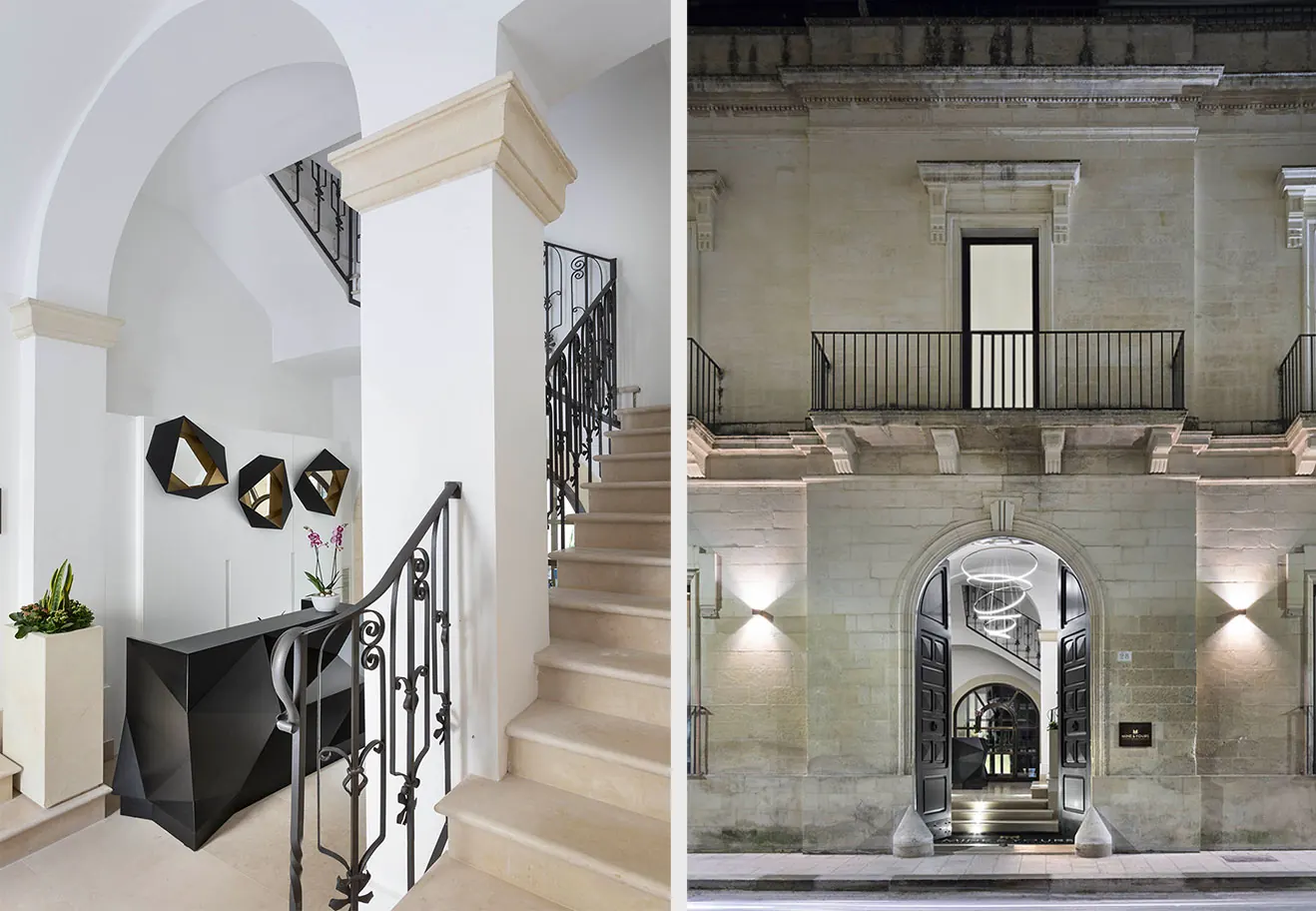 Reception di un boutique hotel con scala scultorea e facciata del palazzo illuminata di notte